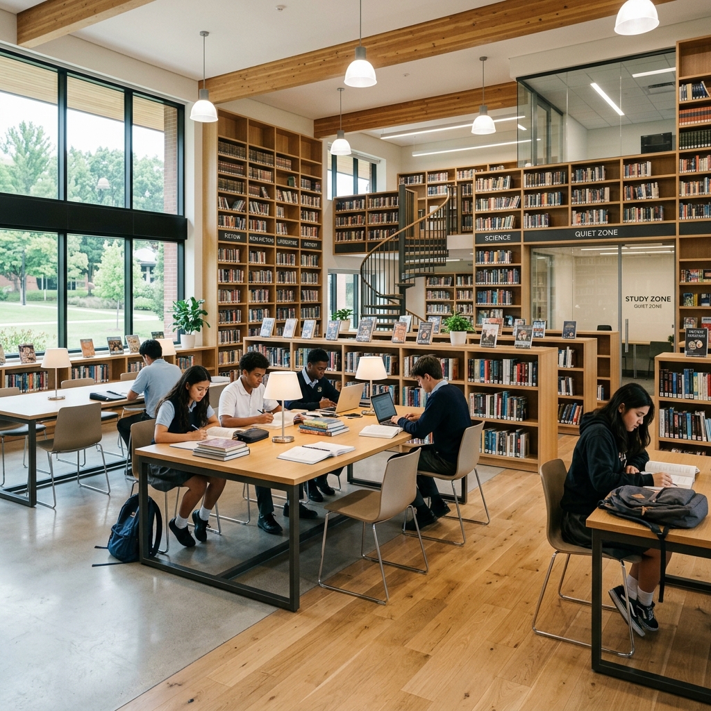 Library books and tables